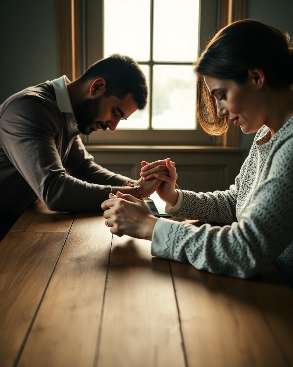 A couple praying together at the kitchen table