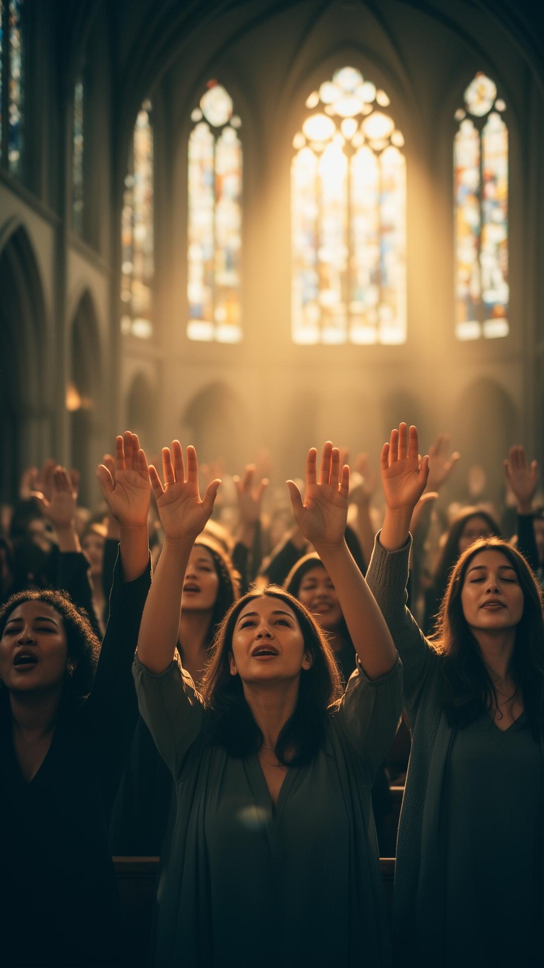 Women worshipping in cathedral light
