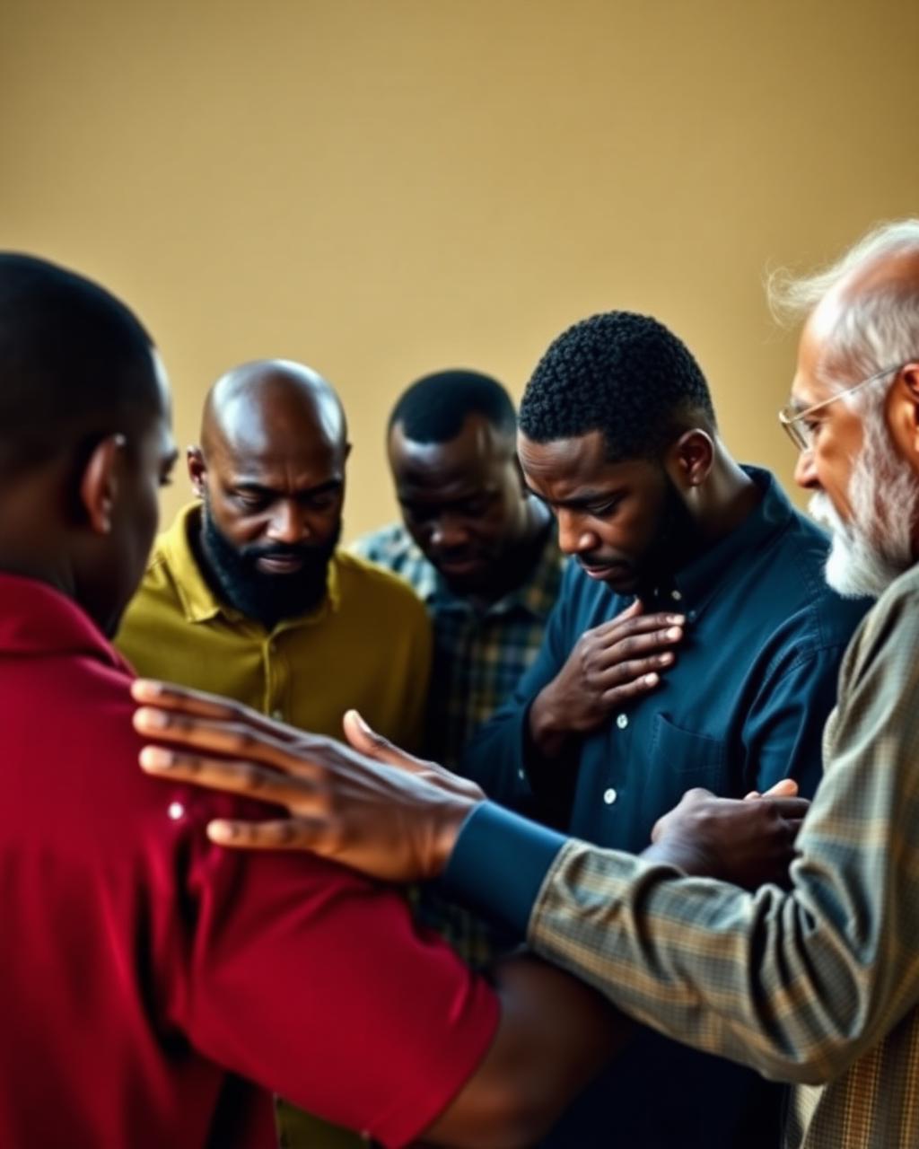 Men in a circle, hands on each other's shoulders, praying