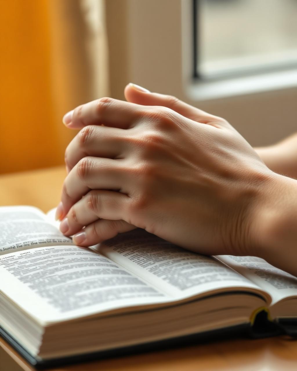 Hands folded in prayer over an open Bible