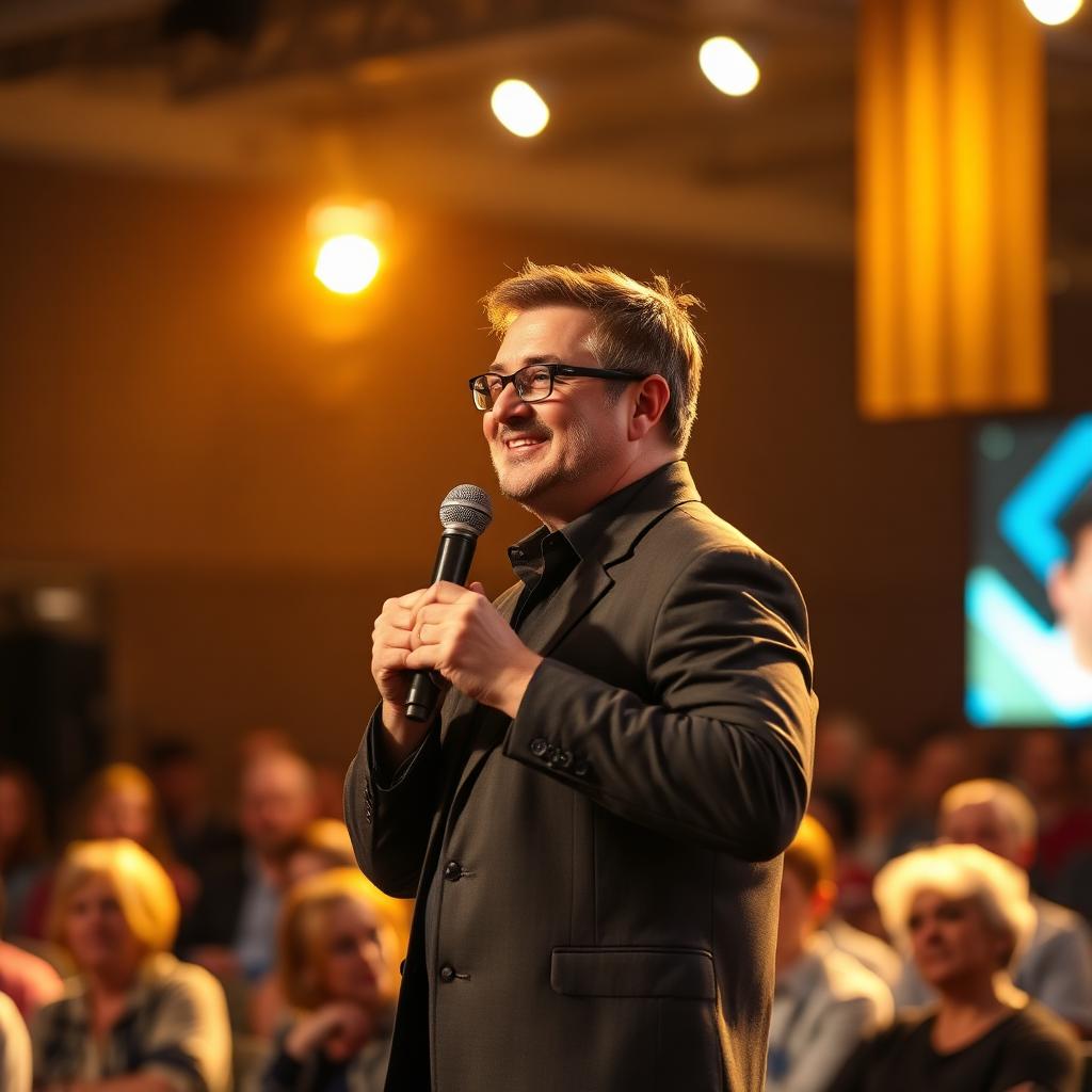 A speaker on the conference stage under warm light